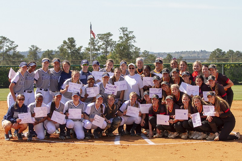 Pat Schaffer with two teams of softball players