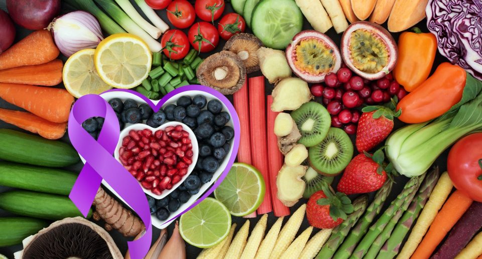 fruits with purple heart ribbon