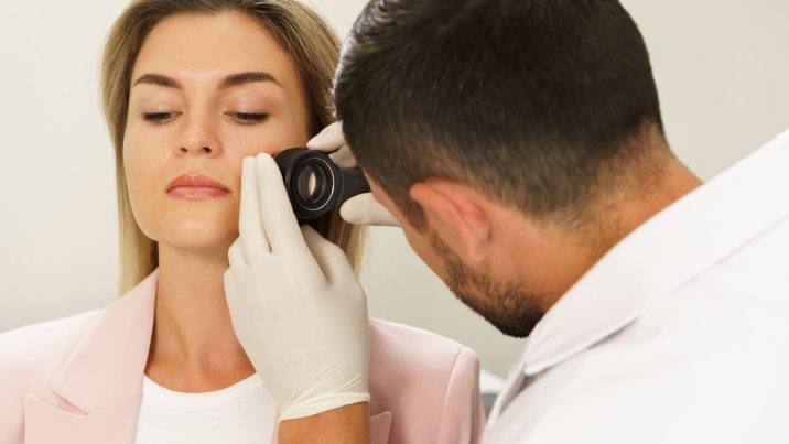 woman getting skin looked at by doctor