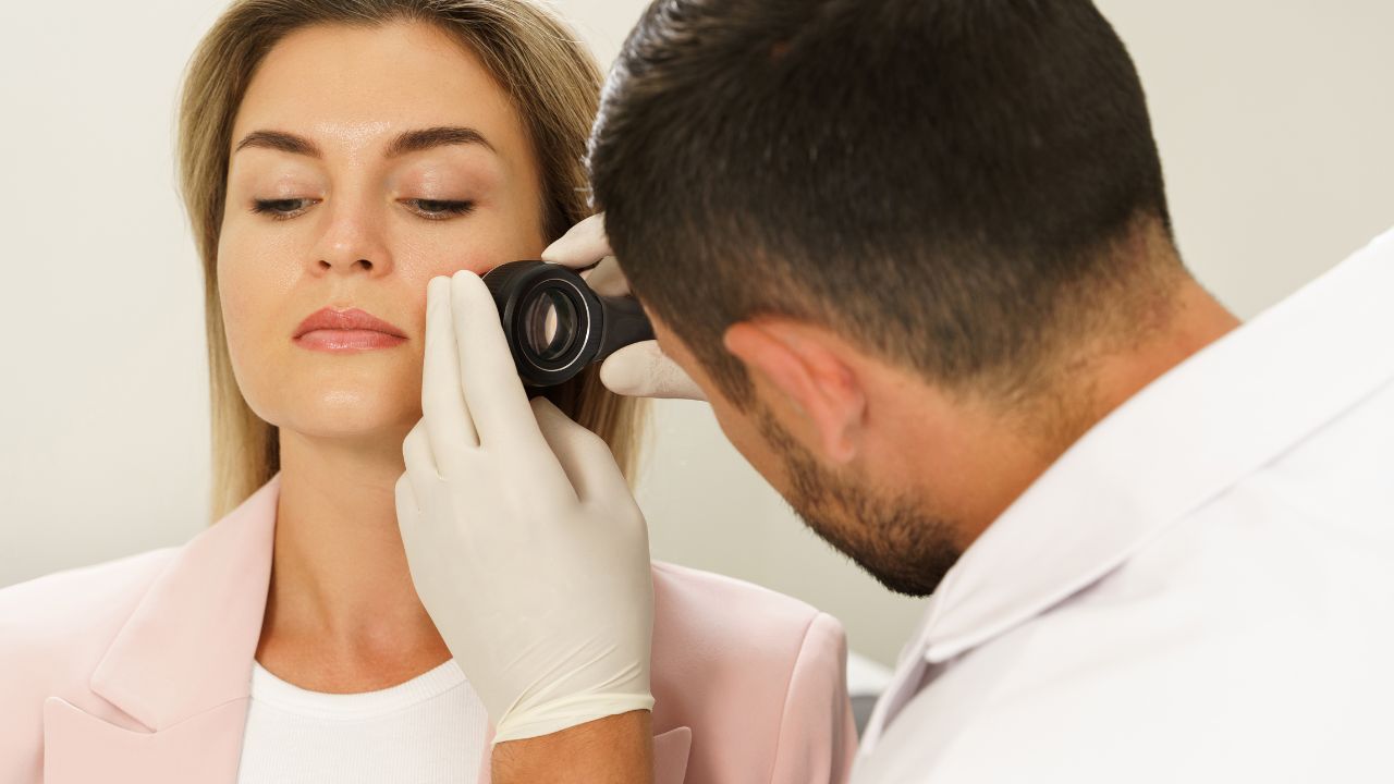 woman getting skin looked at by doctor