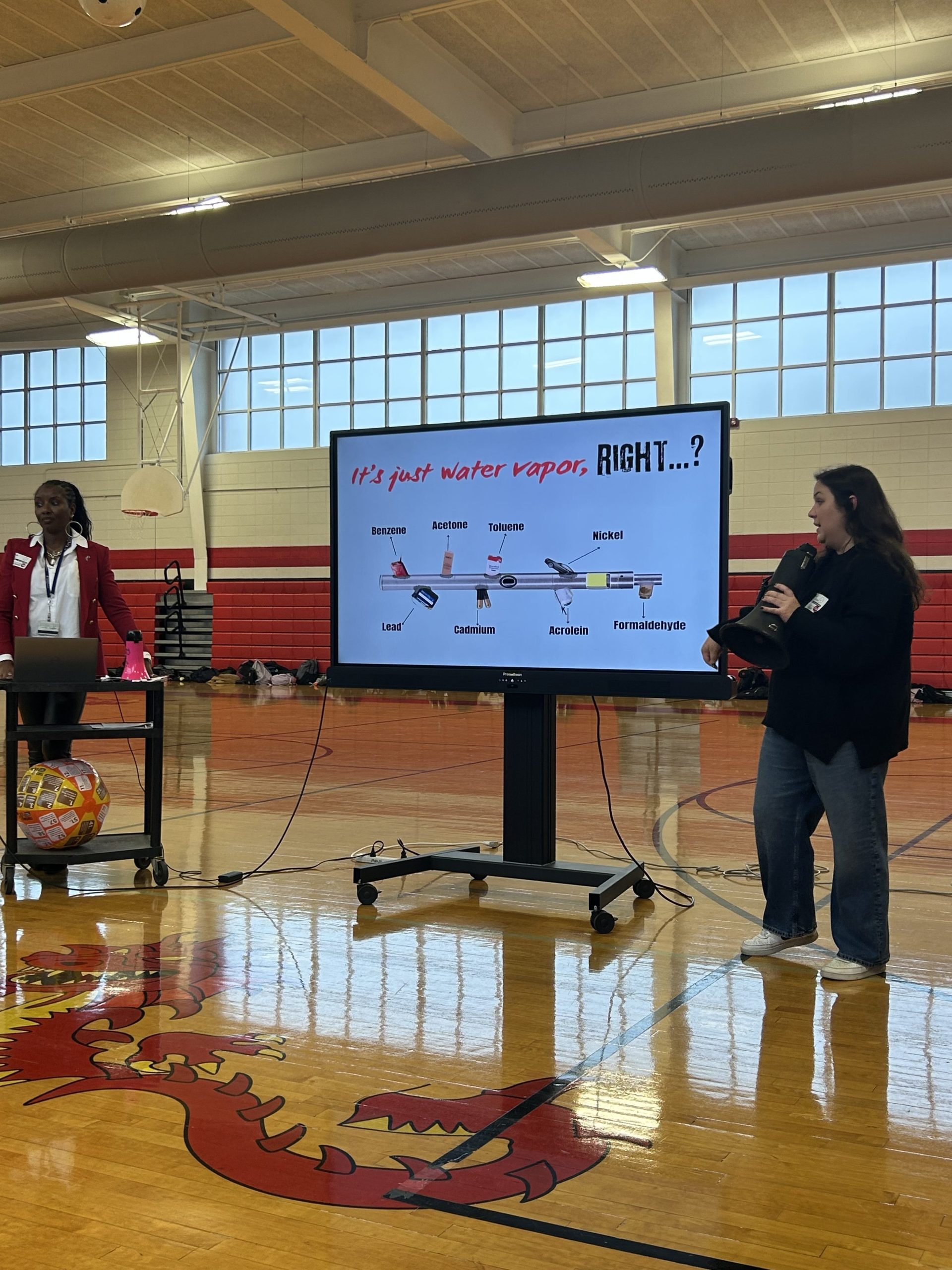 two woman standing in front of a tv