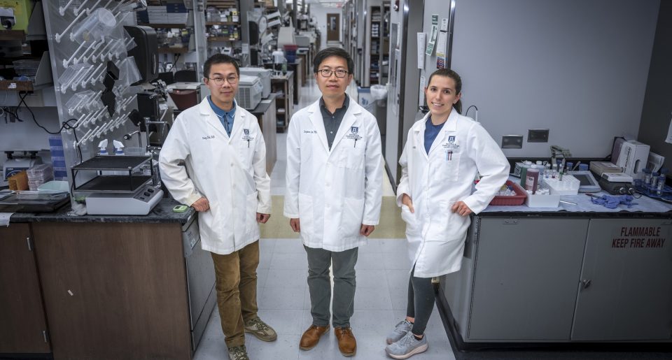 In this photo, you see two men and a woman standing and posing for a photo inside a science lab.